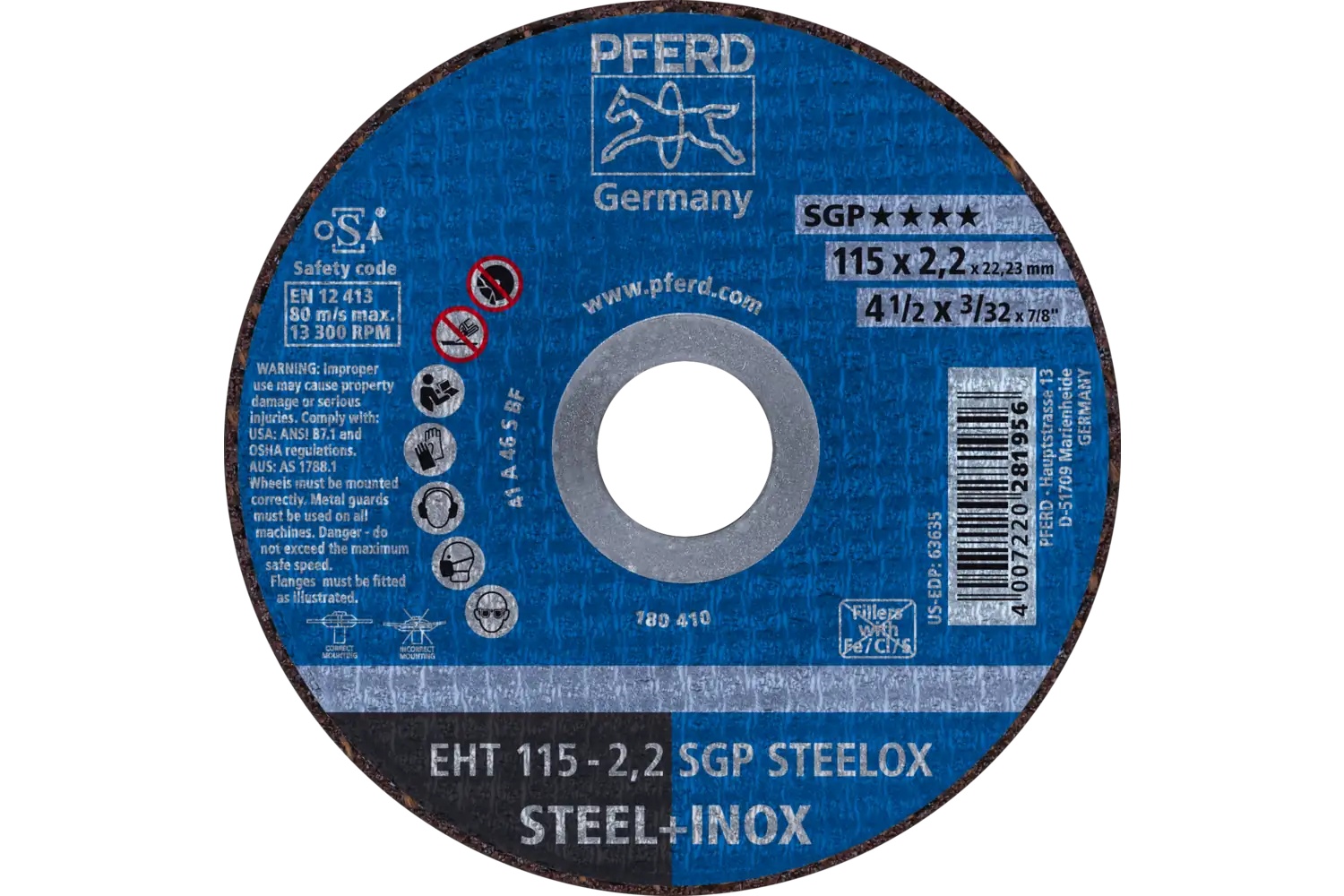 Picture of Pferd Cut-Off Wheel, 4-1/2" X 3/32 X 7/8, Sgp Steelox, T1, Aluminum Oxide